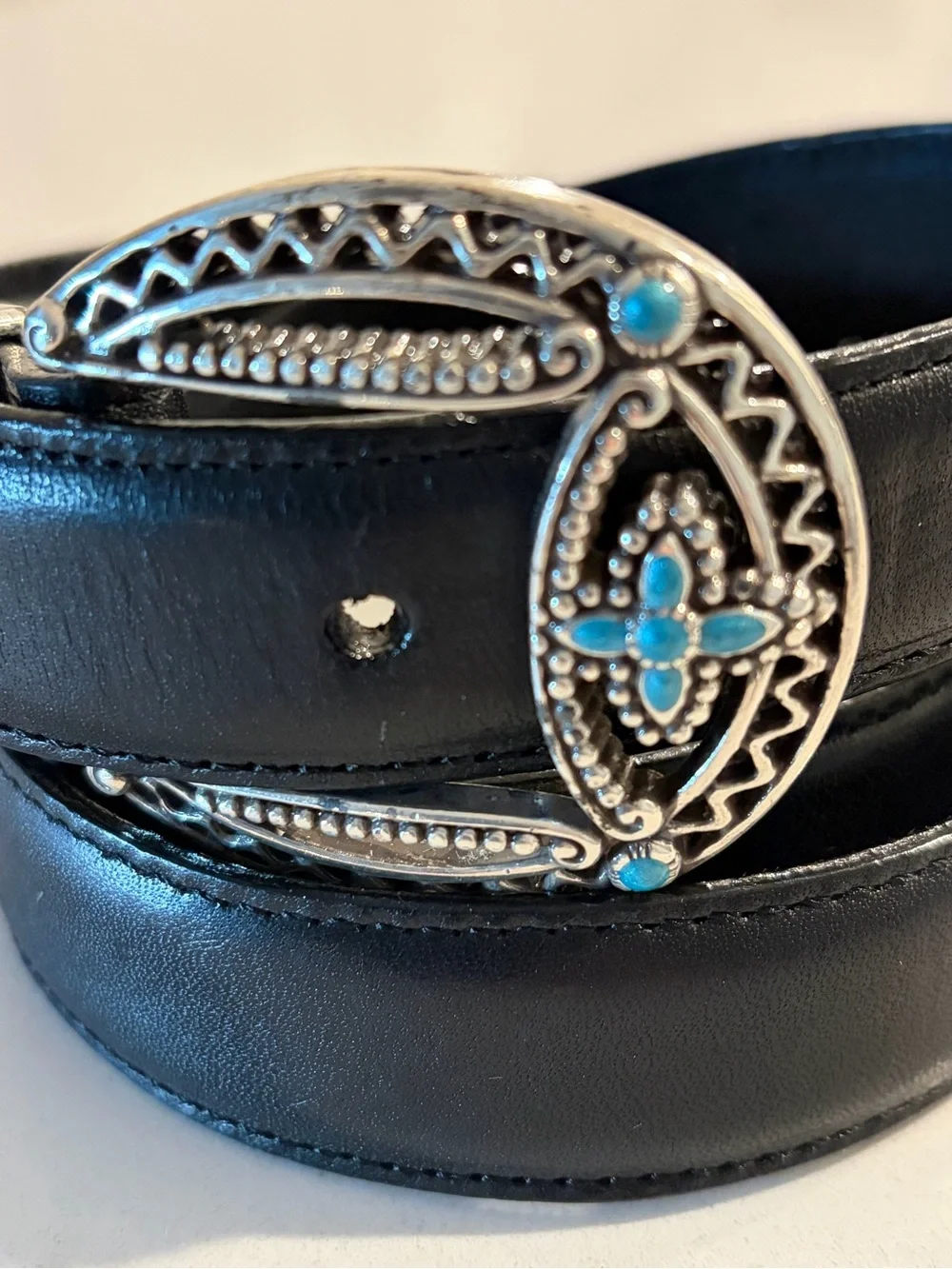 Brighton Black Leather Belt Silver Plate with  Turquoise Buckle XL/36 B30113 USA